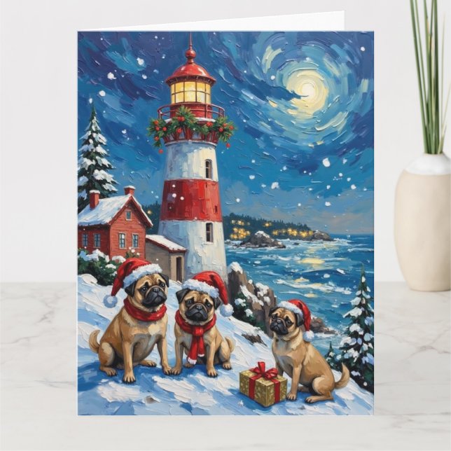 Cartão Pug Christmas Lighthouse Holiday (Frente)