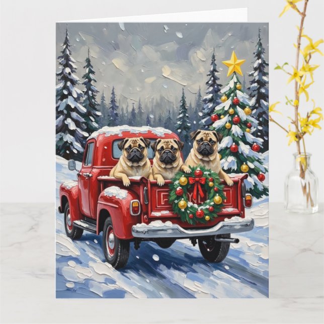 Cartão Pug Christmas Red Truck Holiday (Flor Amarela)