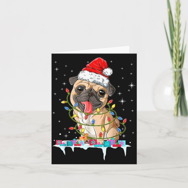 Cartão Pug Christmas Tree Lights Santa Dog Xmas  (Frente)