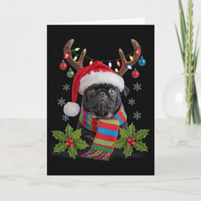 Cartão Pug de Natal com Chapéu de Papai Noel e Cachecol (Frente)