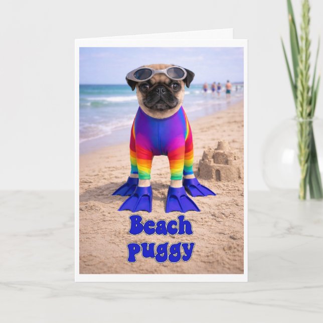 Cartão Pug de Praia (Frente)