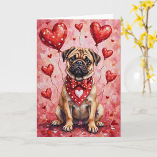 Cartão Pug Dia dos Namorados Cachorro com Corações Vermel