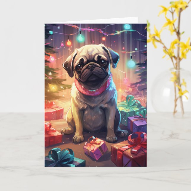 Cartão Pug em pijamas de Natal junto à árvore (Flor Amarela)