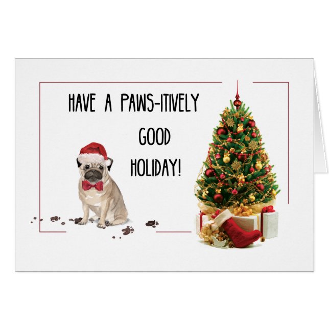 Cartão Pug Engraçado Cachorro de Natal Engraçado com Árvo (Frente Horizontal)