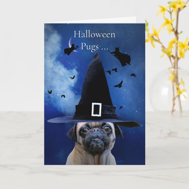 Cartão Pug Halloween Cute com bruxas e beijos (Flor Amarela)