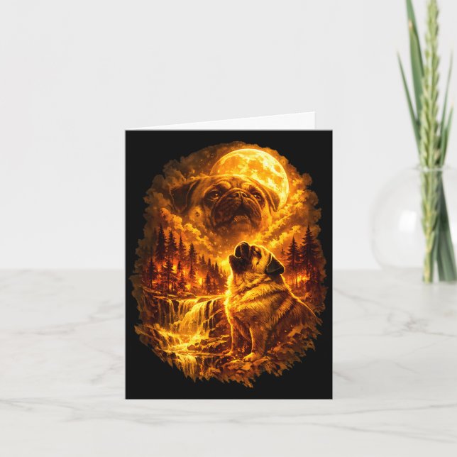 Cartão Pug howling at moon dramatic full moon  (Frente)