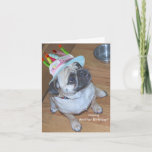 Cartão Pug In A Birthday Hat<br><div class="desc">The cover of this card shows a Pug with a colored birthday hat with candles on his head. Cover Text" "Having Another Birthday?" Inside Text: "That's OK,  birthdays are good for you. The more you have the longer you live!" Great card for any age!</div>