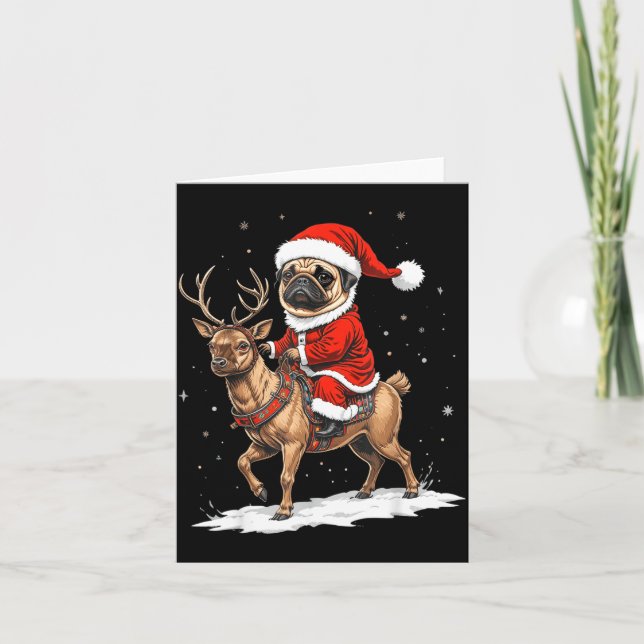 Cartão Pug Santa Riding Reindeer Christmas Holiday Puppy  (Frente)