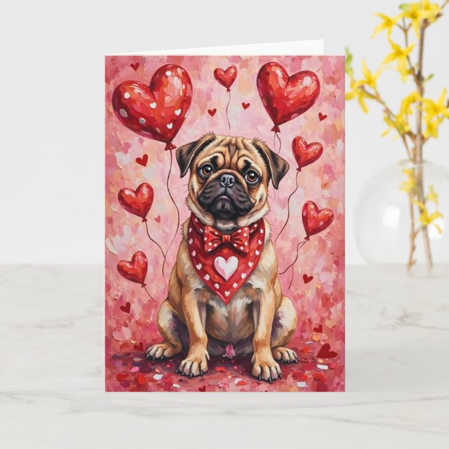 Cartão Pug Valentine’s Day Dog with Hearts Red (Flor Amarela)