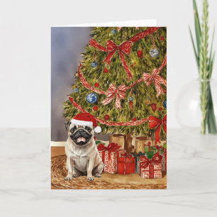 Cartão Pug Watercolor embaixo da árvore de Natal