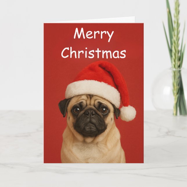 Cartão Pug with a Santa hat Custom Christmas Greeting (Frente)
