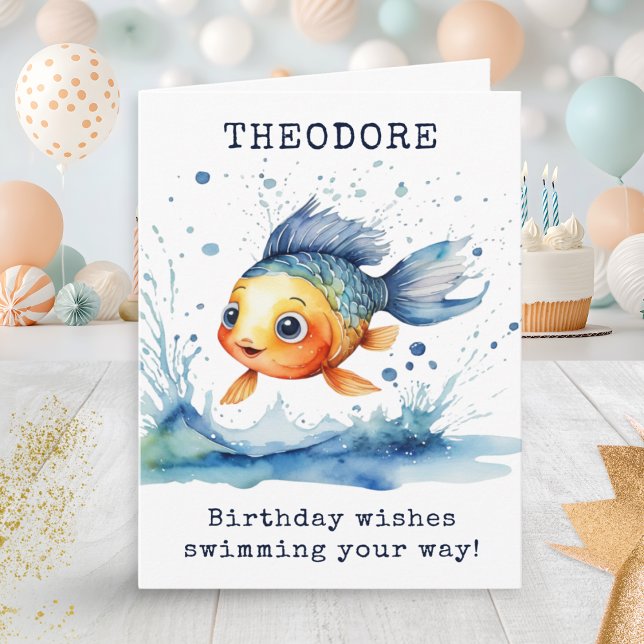Cartão Pulando Aniversário de criança Colorido de Peixes  (A personalized birthday card for kids, with picture of a cute jumping fish in a watercolor style)