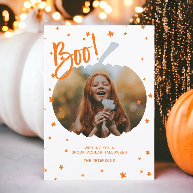 Cartão Pumpkin cortou a foto laranja branca do Halloween (Pumpkin cut out boo Halloween white orange photo Card)