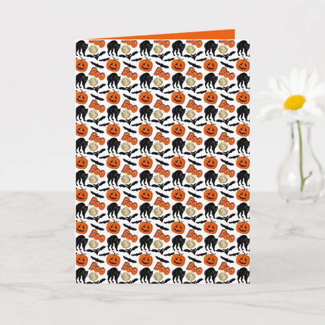 Cartão Pumpkin De Gato E Desenho De Lua Do Halloween Boo  (Planta pequena)