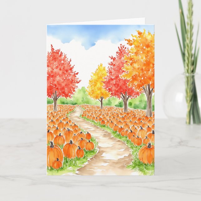 Cartão Pumpkin Patch Fall Watercolor (Frente)