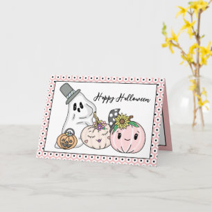 Cartão Pumpkins Whimsical Pumpkins rosa e Boo