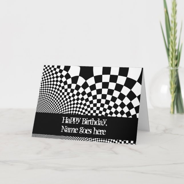 Cartão Punk black and white warped checkerboard birthday (Frente)