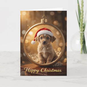 Cartão Puppy Marrom Chapéu de Papai Noel Natal Quente e A