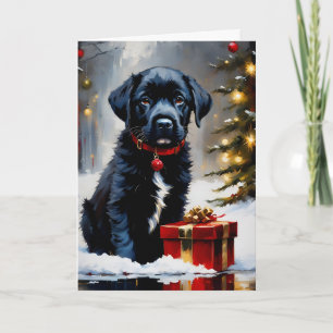 Cartão Puppy Preto Natal Com Presente Vermelho