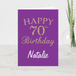 Cartão Purple and Gold Glitter 70th Birthday Card<br><div class="desc">Purple and Gold Glitter 70th Birthday Card with personalized name. For further customization,  please click the "Customize it" button and use our design tool to modify this template.</div>