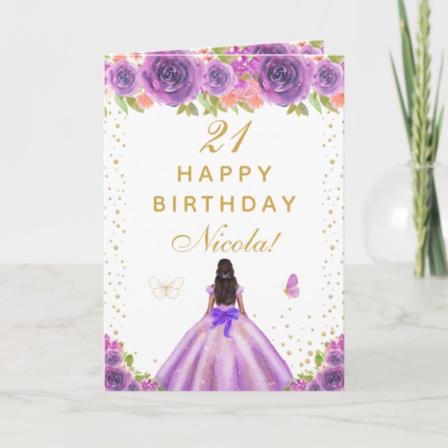 Cartão Purple Floral Dark Skin Girl Birthday (Frente)