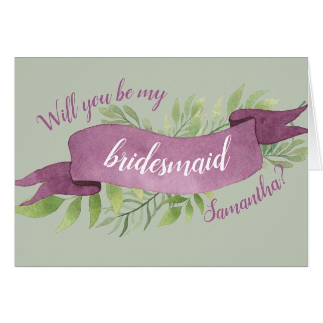 Cartão Purple & Green Watercolor deixa Bridesmaid (Frente horizontal)