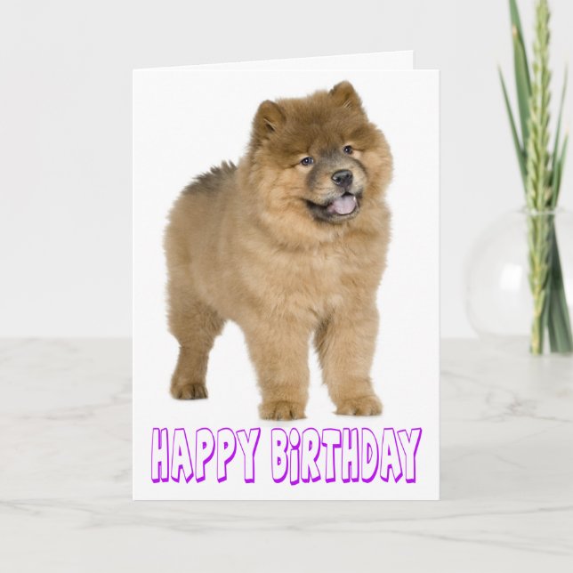 Cartão Purple Happy Birthday Chow Chow Brown Puppy Dog (Frente)