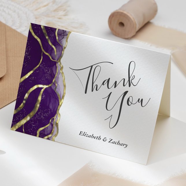 Cartão Purple Ink Gold Wedding Thank You Card (Criador carregado)
