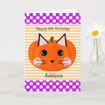 Cartão Purple Orange Pumpkin Cat Halloween Birthday<br><div class="desc">A cute cat Halloween birthday card for kids, which you will be able to easily personalize the front with her age and name. The front features a purple polka dot and orange striped background with a cute cat face on an orange pumpkin. The inside message can be easily personalized with...</div>