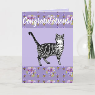 Cartão Purple Tabby Cat Floral Conrgatulations art Card