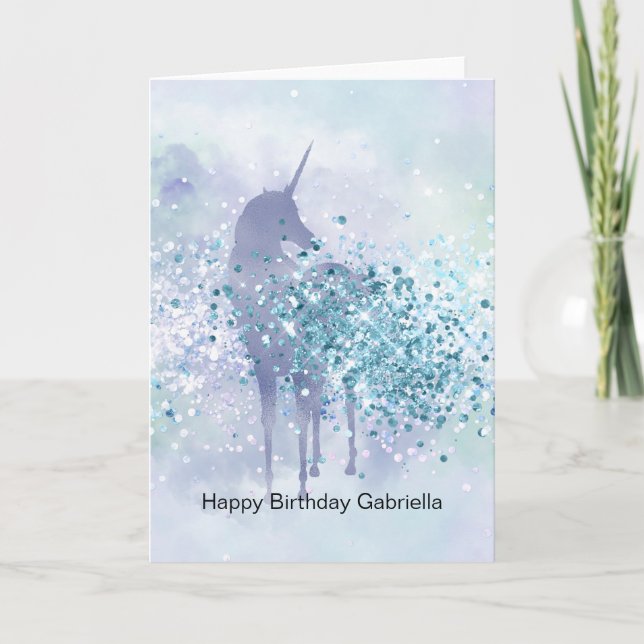 Cartão Purple Unicorn Sparkle Aqua Glittery Confetti (Frente)