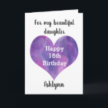 Cartão Purple Watercolor Heart 18th Birthday Filha<br><div class="desc">Uma placa filha de cor d'água roxa,  feliz 18 anos,  que você pode personalizar com seu nome na frente da carta. A mensagem da dentro também pode ser personalizada. Isso faria com que um excelente personalizado guardasse o cartão para seu décimo oitavo aniversário.</div>
