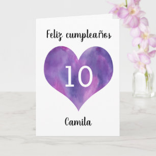 Cartão Purple Watercolor Heart Spain 10th Birthday Card