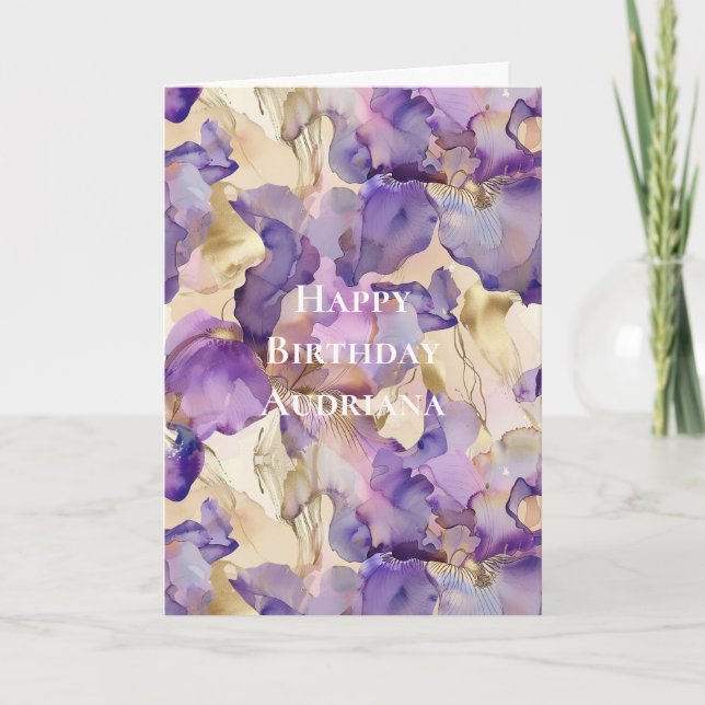 Cartão Purple White Gold Abstract Iris Flowers Birthday (Frente)