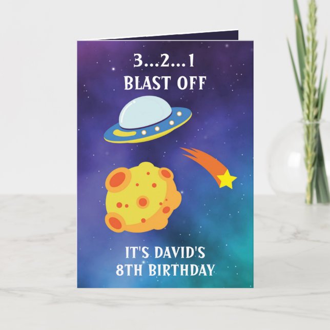 Cartão Púrpura Roxa Pasta Voando Saucer 8º Aniversário (Frente)