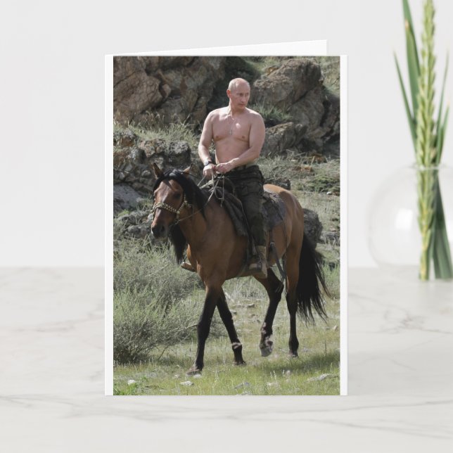 Cartão Putin sem camisa corre um cavalo (Frente)
