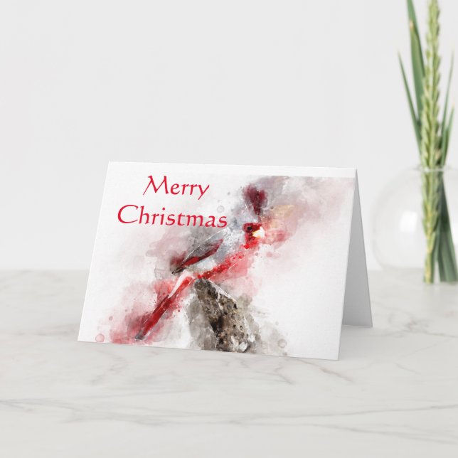 Cartão Pyrrhuloxia watercolor Merry Christmas (Frente)