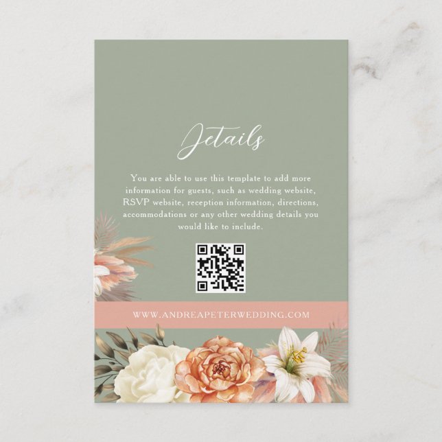 Cartão QR de Casamento Floral de Boho Verde Sage (Frente)