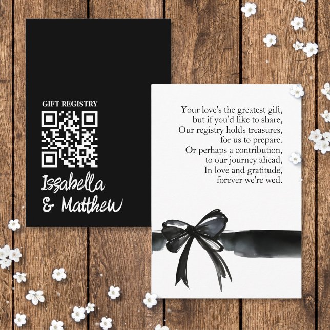 Cartão QR de Poema de Casamento de Arco Negro Mode (Modern Black White Bow Wedding Registry Poem QR Card stationary saying ribbon trendy money or gift )
