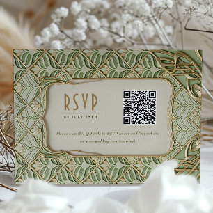Cartão QR RSVP de Casamento Floral Verde e Dourado