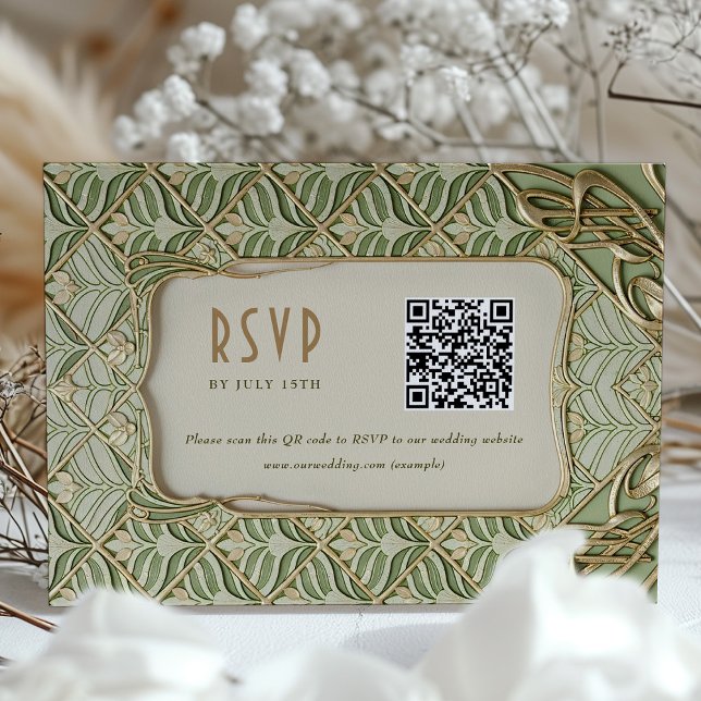 Cartão QR RSVP de Casamento Floral Verde e Dourado (Criador carregado)