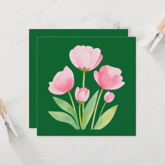 Cartão Quadrado com Tulipas em Aquarela sobre Verd