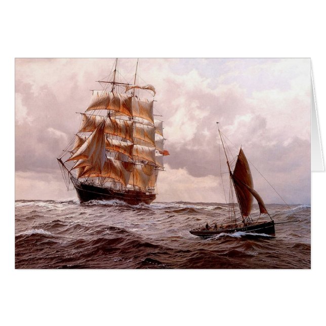 Cartão Quadrado-rigger e barco tradicional no mar (Frente Horizontal)