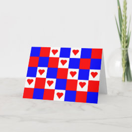 Cartão Quadrados vermelhos, brancos e azuis com corações 
