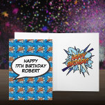 Cartão Quadrinhos Personalizados FELIZ ANIVERSÁRIO Azul<br><div class="desc">Um divertido e moderno cartão de aniversário pop de quadrinhos de super-herói personalizável. Trate alguém especial no seu dia especial!
Desenhado por Thisisnotme©</div>
