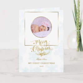 Cartão Quadro Dourado bonito Minha Primeira Foto De Natal