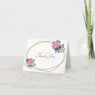 Cartão Quadro floral em aquarela rosa e azul agradeciment