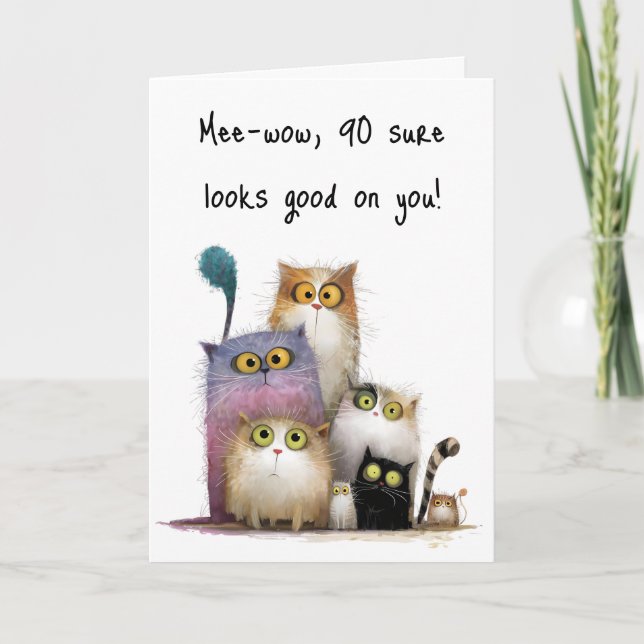 Cartão Quaint Cats with Big Eyes 90th Birthday Greeting (Frente)