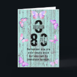 Cartão Qualquer Nome Idade Monograma 80 Funny Aniversário<br><div class="desc">Borboletas bonito,  rústicas,  pastéis,  de cor d'água em azul,  rosa e roxo. Borboletas aquáticas adoram planks de madeira. Adicione o nome,  inicial e idade para atender às suas necessidades. Todo o texto na frente e no dentro da placa é facilmente editado usando o modelo fornecido.</div>