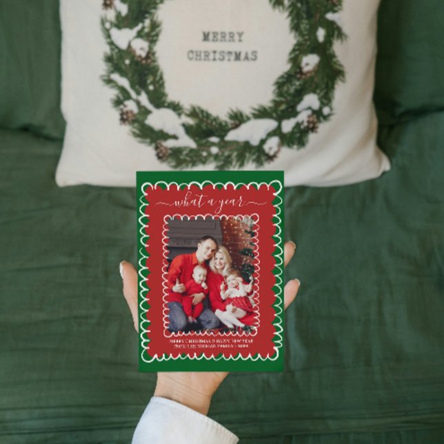 Cartão Quão Impressionante é o Natal da Colagem de Fotos  (whimsical christmas cards hand drawn xmas trendy doodle festive  red and green photo collage simple )